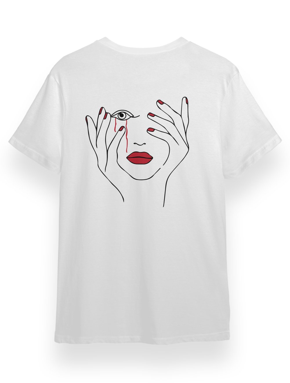 Line Art Face Baskılı Beyaz Unisex T-Shirt