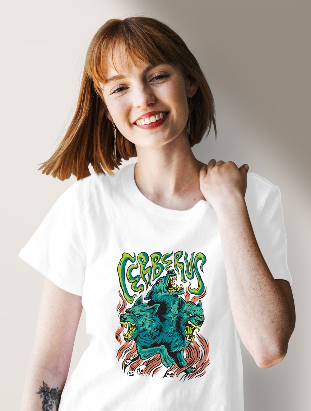 Kuppa Unisex Tişört Beyaz Cerberus Tasarımlı Tişört KUT1B005