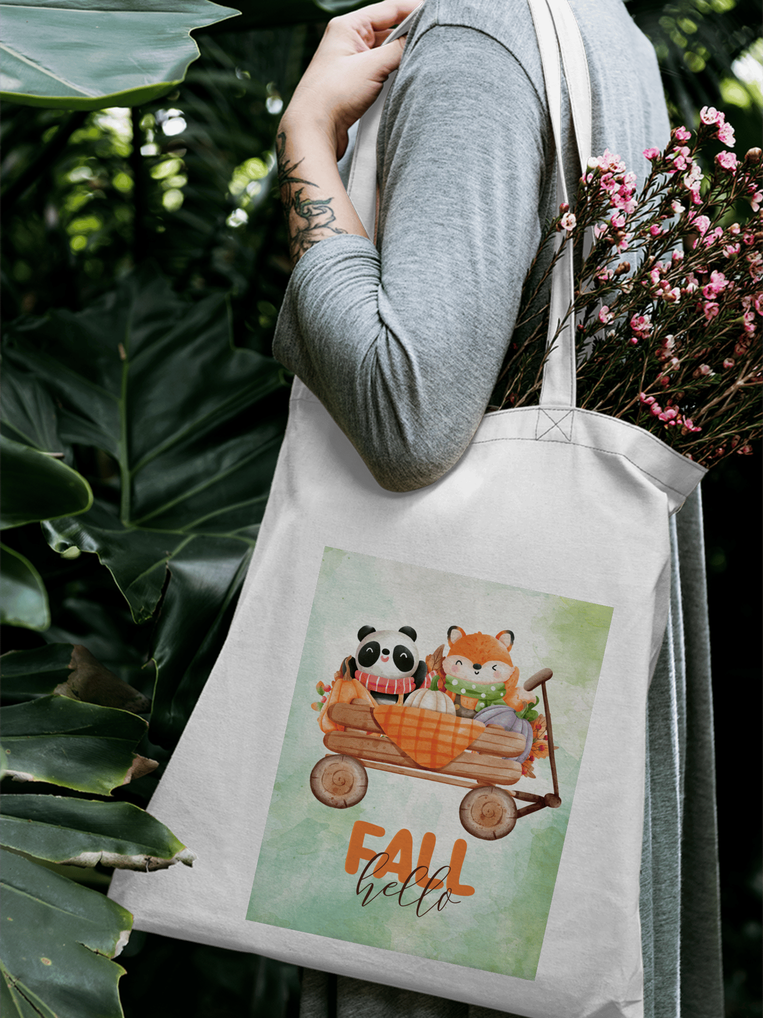 Panda ve Tilki Bez Çanta Yeşil