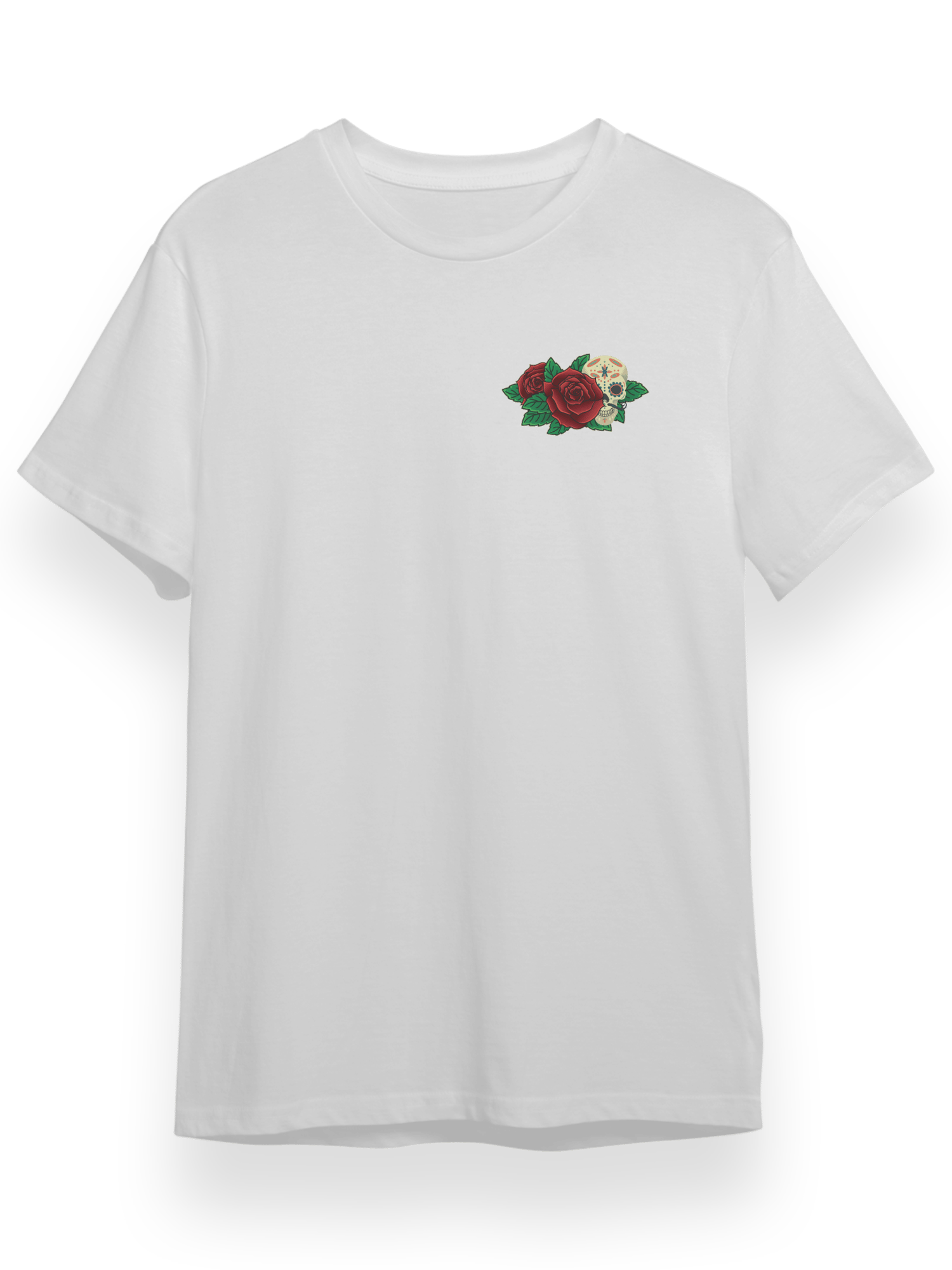 Gül ve Kafa Tası Baskılı Beyaz Bisiklet Yaka Tişört
